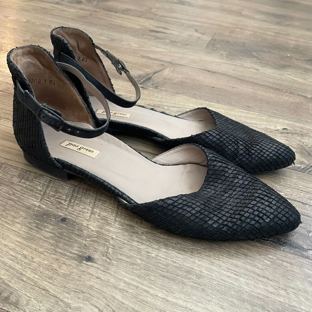 PAUL GREEN Sadie Black Leather Snake Embossed Ankle Strap Pointed Toe Flats